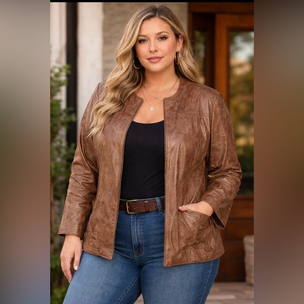 Alfred Dunner - Tan, Lightweight faux Suede- Zip front- Jacket Blazer